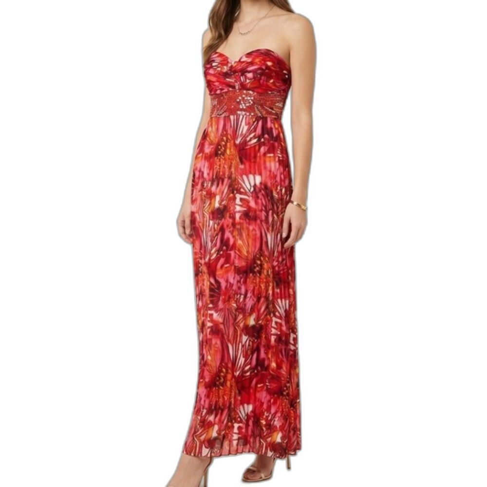 Debs Y2K Strapless Sequin Coral Kaleidoscope Print Pleated Maxi Dress SZ 5/6 JR